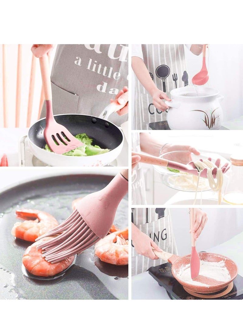 Kitchen set 12 Pcs Silicone Cooking Kitchen Utensils Set Arabest Heat Resistant Wooden Handles Cooking Tool BPA Free Non Toxic Silicone Turner Tongs Spatula Spoon Kitchen Gadgets Set for Nonstick Cookware pink  - Image 4