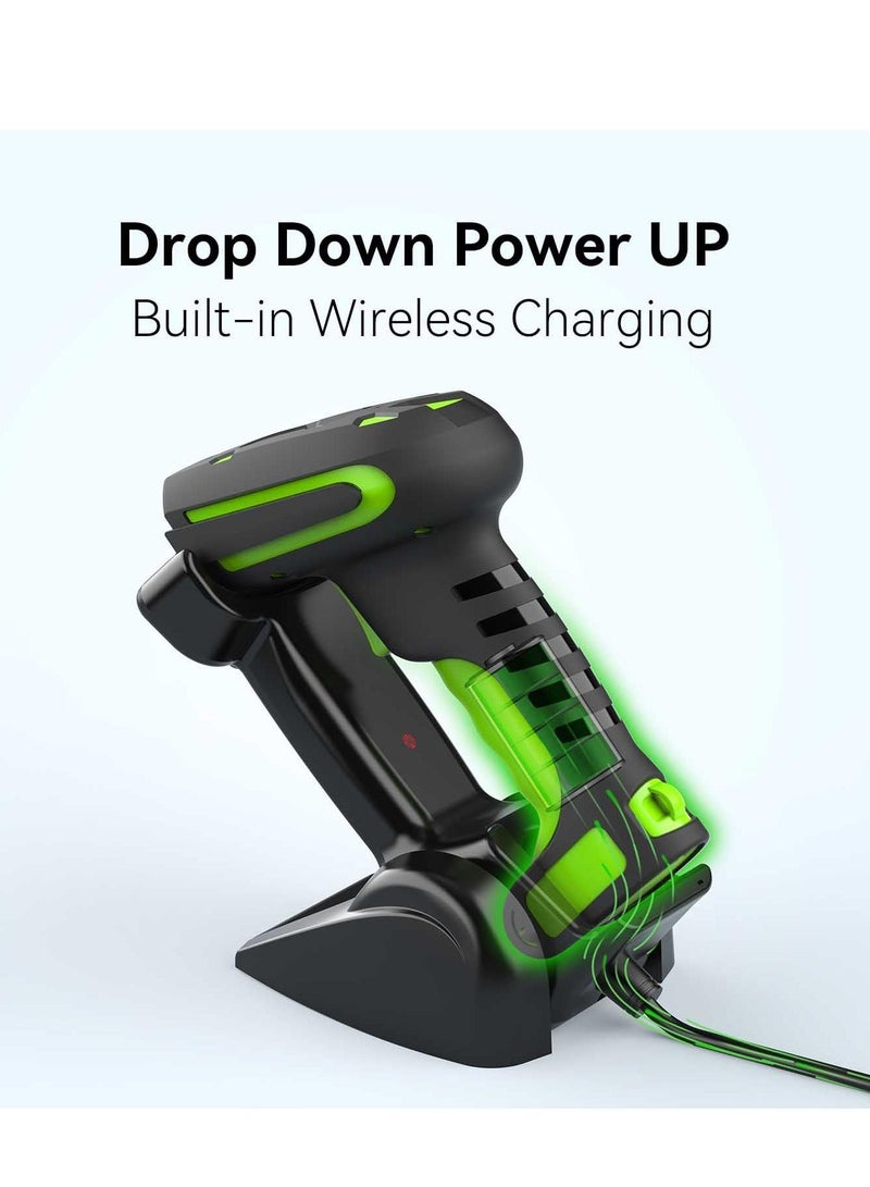Handheld Upgraded 1D 2D QR Code Code Industrial Barcode Scanner with Wireless Charging Stand 1968 Feet Transmission Distance 433Mhz Wireless and Bluetooth 2in1 Shock Dust Proof Hands Free Green - Image 3