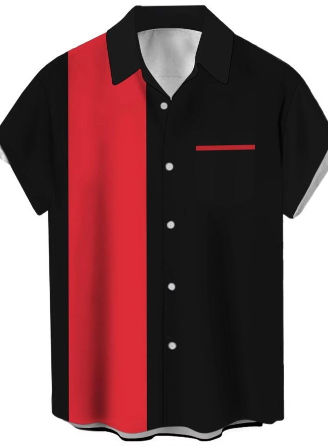 Lzzidou Men's Vintage Bowling Shirt 1950s Retro Short Sleeve Button Down Shirts, Red and Black, XL - Image 1