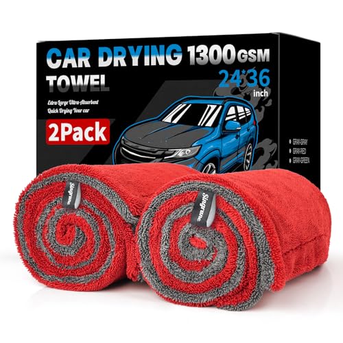 Singrune 2 Pack XL Car Drying Towel – 1300GSM Ultra Absorbent Microfiber, 24"x36" Large Size, Twisted Loop, Lint-Free & Streak-Free for Auto Detailing, Car, SUV, Truck(Gray-RED) - Image 1
