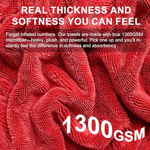 Singrune 2 Pack XL Car Drying Towel – 1300GSM Ultra Absorbent Microfiber, 24"x36" Large Size, Twisted Loop, Lint-Free & Streak-Free for Auto Detailing, Car, SUV, Truck(Gray-RED) - Image 4