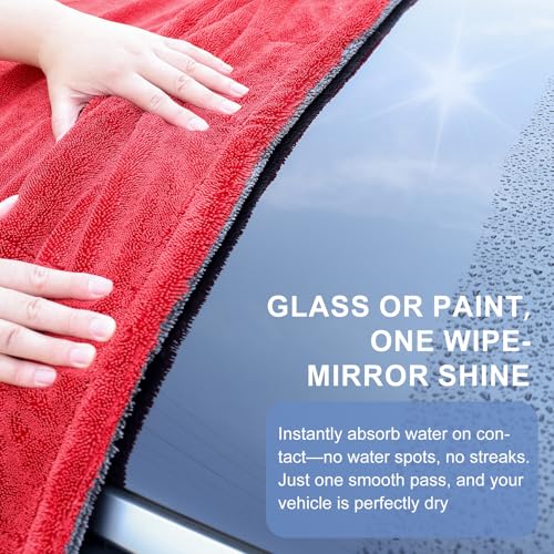 Singrune 2 Pack XL Car Drying Towel – 1300GSM Ultra Absorbent Microfiber, 24"x36" Large Size, Twisted Loop, Lint-Free & Streak-Free for Auto Detailing, Car, SUV, Truck(Gray-RED) - Image 3