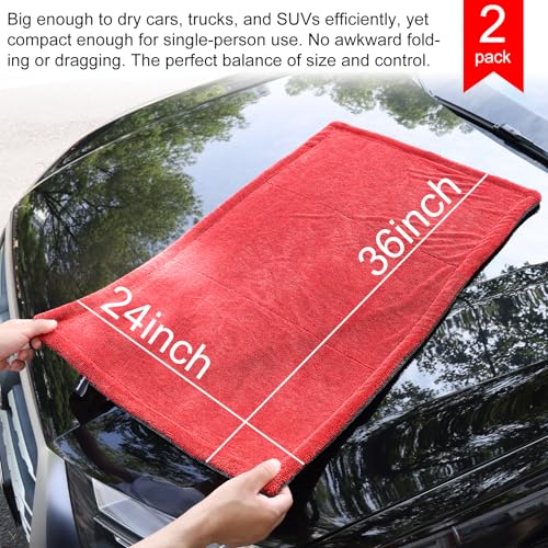 Singrune 2 Pack XL Car Drying Towel – 1300GSM Ultra Absorbent Microfiber, 24"x36" Large Size, Twisted Loop, Lint-Free & Streak-Free for Auto Detailing, Car, SUV, Truck(Gray-RED) - Image 2