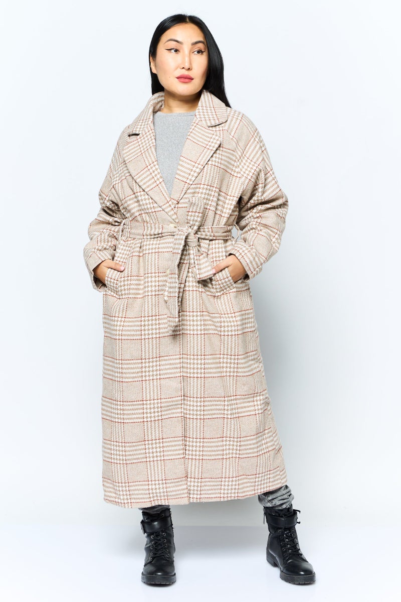 Women Plaid Belted Trench Coat, Tan