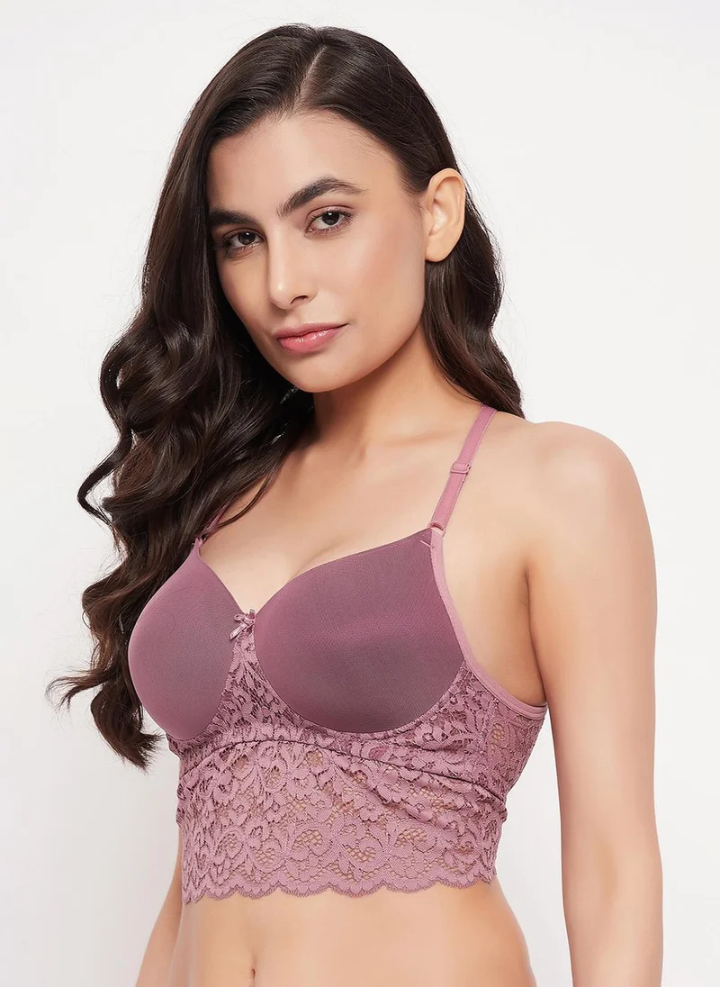 Clovia Clovia Padded Non-Wired Full Cup Racerback Longline Bralette in Mauve - Lace