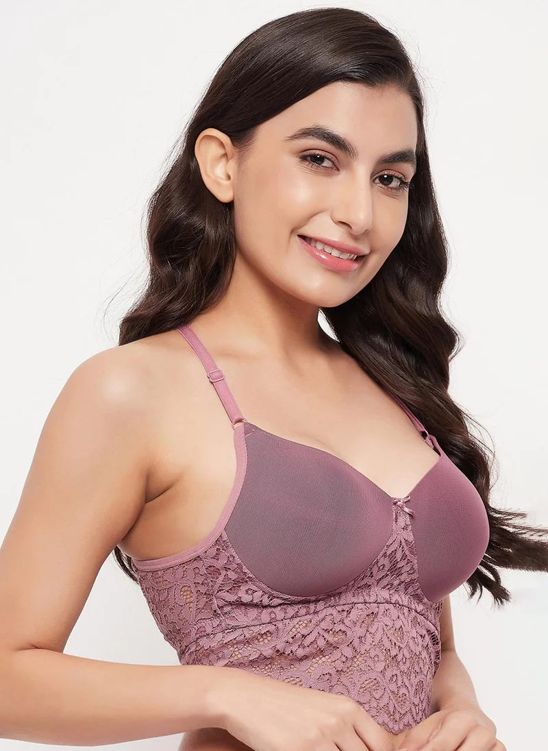 Clovia Purple Clovia Padded Non-Wired Full Cup Racerback Longline Bralette in Mauve - Lace for Women | Best Price UAE