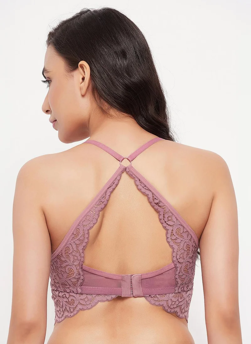 Clovia Purple Clovia Padded Non-Wired Full Cup Racerback Longline Bralette in Mauve - Lace for Women | Best Price UAE