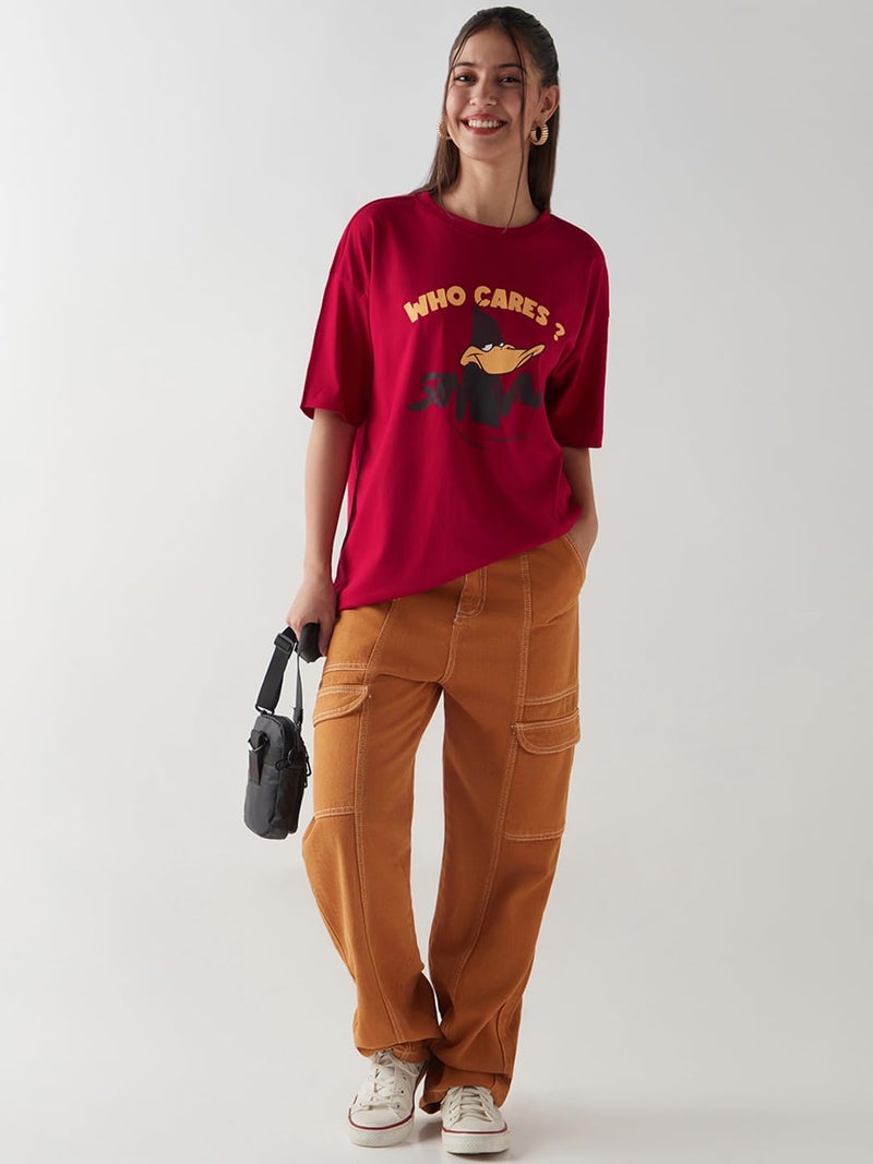 Bewakoof Official Looney Tunes Merchandise Daffy Duck Women's Graphic Print Oversized Fit Half Sleeve Round Neck Cotton Jersey T-Shirt_646759_Red_M - Image 5