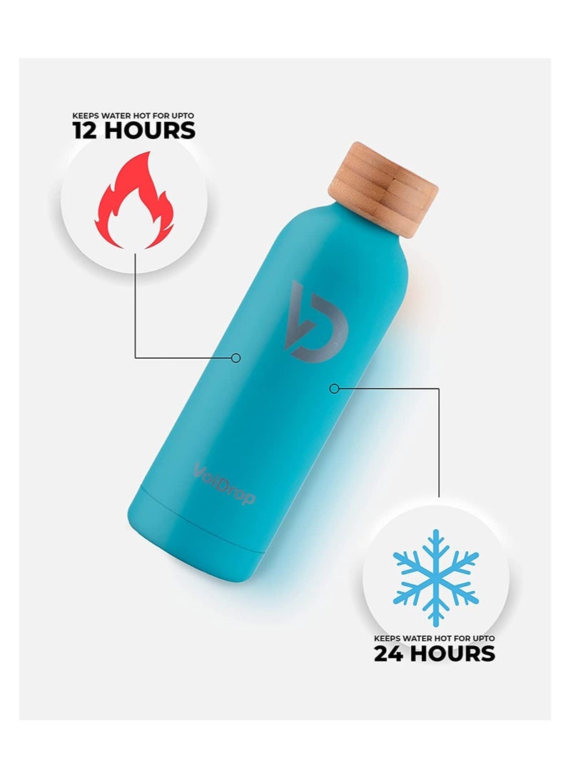 Thermal Bottle 500ML Bamboo Cap Bottle Vacuum Insulated Water Bottle Double Layer Stainless Steel Sports Water Bottle Leak Proof Water Bottle For Office School And Gym Turquoise Blue 20oz - Image 2