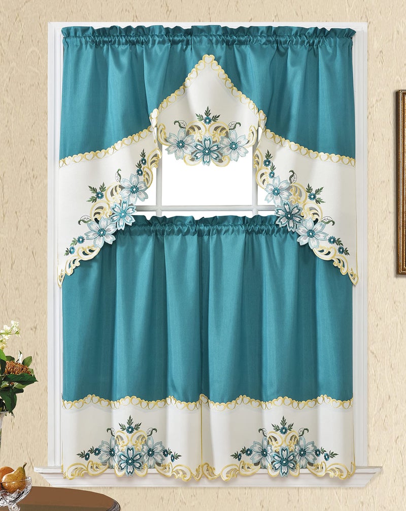 GOHD Golden Ocean Home Decor GOHD Arch Floral Kitchen Curtain SetSwag Valance  Tier Set Nice Matching Color Floral Embroidery on Border with cutworks Turquoise