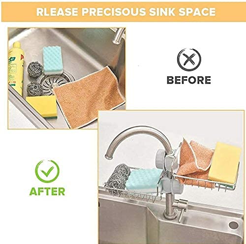 MorivaHomes Stainless Steel Adjusting Multifunctional Kitchen Sink Organizer Faucet Sponge Holder, Hanging Sink Organizer Caddy Rack,Towel Holder,Faucet Caddy for Bathroom - Image 2