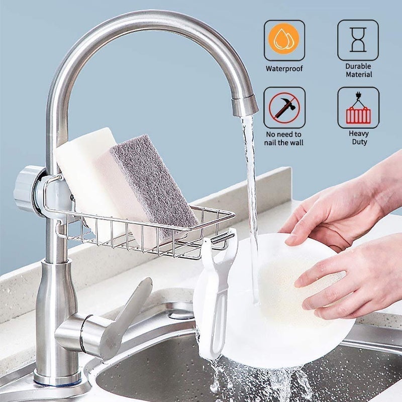 MorivaHomes Stainless Steel Adjusting Multifunctional Kitchen Sink Organizer Faucet Sponge Holder, Hanging Sink Organizer Caddy Rack,Towel Holder,Faucet Caddy for Bathroom - Image 3