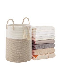 TYCOM Laundry Hamper Cotton Rope Basket Woven Laundry Basket for Blankets Storage Hamper with Handle Comforter Cushions Storage Bins Thread Blanket Towels Home Storage White Light Grey Tall.  - Image 1