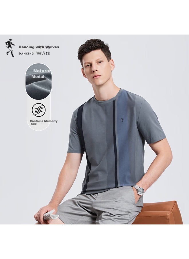 Dancing Wolves Modal & Mulberry Silk Summer Crew Neck Casual Vertical Stripe Short Sleeve T-shirt 003 Medium Gray L - Image 1