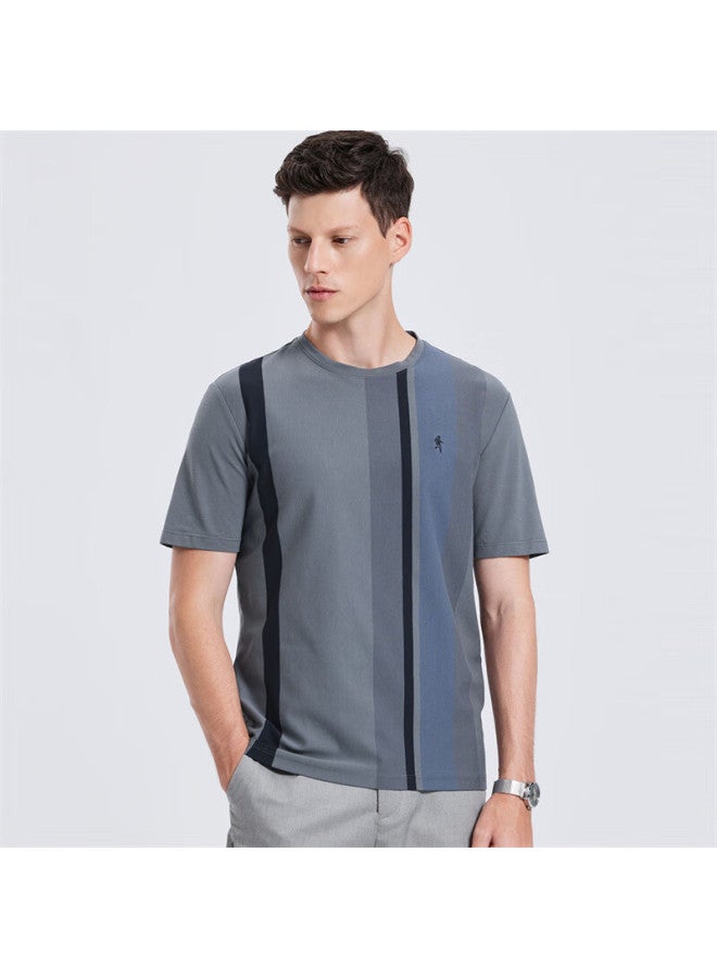 Dancing Wolves Modal & Mulberry Silk Summer Crew Neck Casual Vertical Stripe Short Sleeve T-shirt 003 Medium Gray L - Image 3