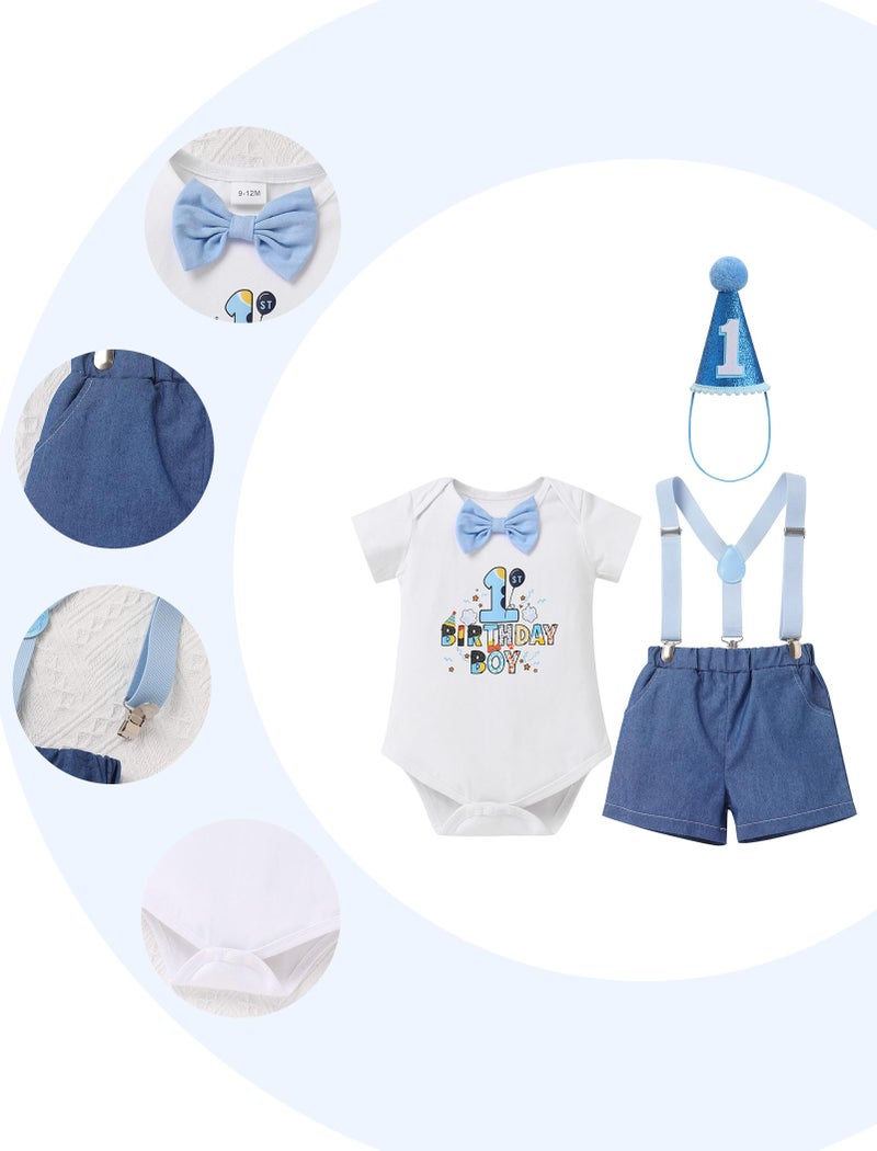 IMEKIS First Birthday Outfit Boy: Toddler Baby One Year Old Cake Smash Photoshoot Romper Suspenders Shorts Pants Sets Hat Summer Short Sleeve Clothes Blue 1 Birthday 12-18 Months - Image 4