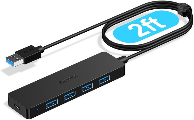 Aceele 4-Port USB 3.0 Hub, Ultra-Slim Data USB Hub with 2ft Extended Cable [Charging Not Supported], USB Extender for MacBook, Mac Pro, Mac mini, iMac, Surface Pro, XPS, PC, Flash Drive, Mobile HDD - Image 1