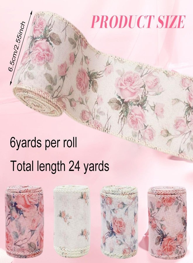PATPAT® 4 Rolls Each Roll 2.5 Inch x 5 Yard Pink Flower Satin Ribbons for Gift Wrapping, Wired-Edge Ribbon Roll for Crafts, Party Decorations, Bows, Floral Arrangements, Invitation Card, Project Work - Image 2