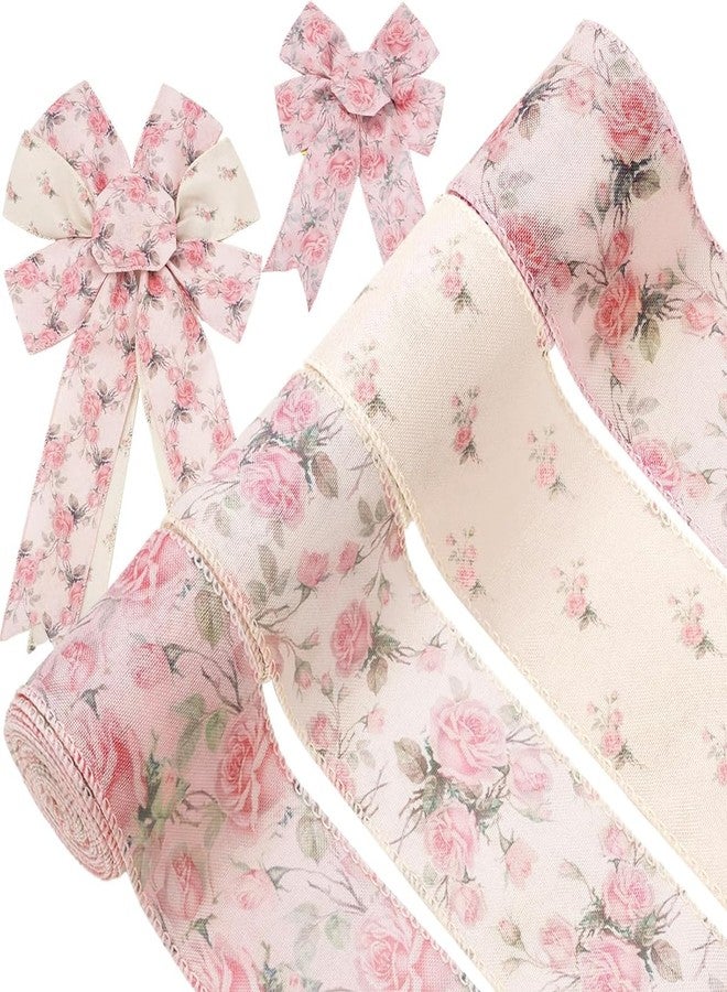 PATPAT® 4 Rolls Each Roll 2.5 Inch x 5 Yard Pink Flower Satin Ribbons for Gift Wrapping, Wired-Edge Ribbon Roll for Crafts, Party Decorations, Bows, Floral Arrangements, Invitation Card, Project Work - Image 1