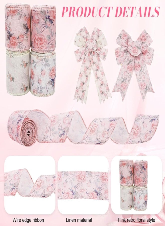 PATPAT® 4 Rolls Each Roll 2.5 Inch x 5 Yard Pink Flower Satin Ribbons for Gift Wrapping, Wired-Edge Ribbon Roll for Crafts, Party Decorations, Bows, Floral Arrangements, Invitation Card, Project Work - Image 3