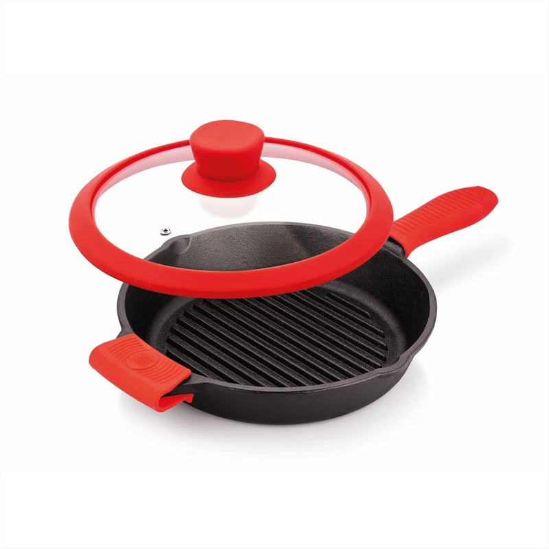THE CHEF STORY The Chef Story Throwback Series Cast Iron Grill Pan 26cm PreSeasoned 102 Inch Lifetime Exchange Warranty Unibody Design with no Screw Joints Silicon Sleeves Tempered Glass Rim with Silicon Rim Eco Friendly Induction Gas Electric Solid Plate Radiant Ceramic Halogen Recyclable Iron Toxic Free  - Image 2