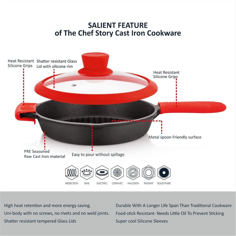 THE CHEF STORY The Chef Story Throwback Series Cast Iron Grill Pan 26cm PreSeasoned 102 Inch Lifetime Exchange Warranty Unibody Design with no Screw Joints Silicon Sleeves Tempered Glass Rim with Silicon Rim Eco Friendly Induction Gas Electric Solid Plate Radiant Ceramic Halogen Recyclable Iron Toxic Free  - Image 4