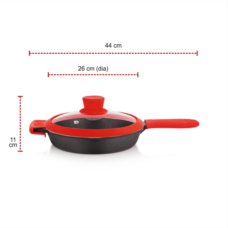 THE CHEF STORY The Chef Story Throwback Series Cast Iron Grill Pan 26cm PreSeasoned 102 Inch Lifetime Exchange Warranty Unibody Design with no Screw Joints Silicon Sleeves Tempered Glass Rim with Silicon Rim Eco Friendly Induction Gas Electric Solid Plate Radiant Ceramic Halogen Recyclable Iron Toxic Free  - Image 5