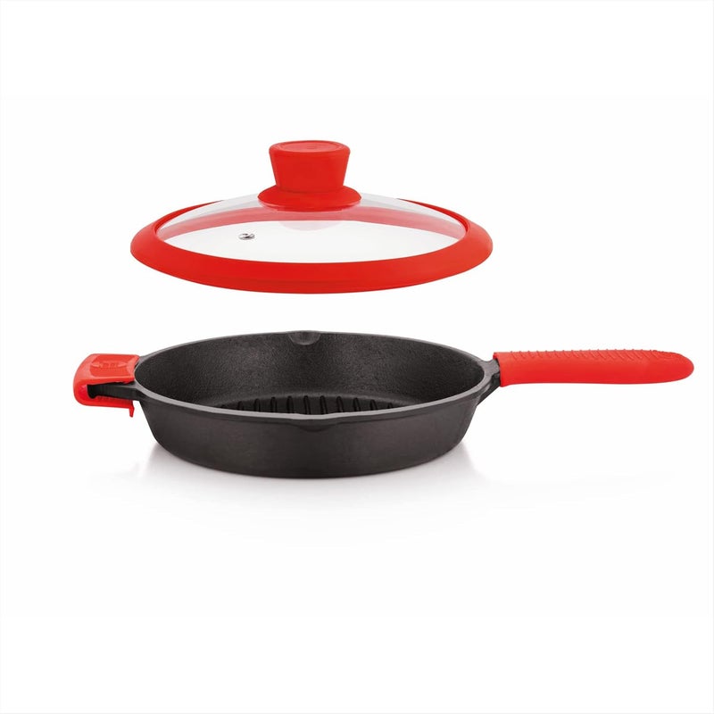 THE CHEF STORY The Chef Story Throwback Series Cast Iron Grill Pan 26cm PreSeasoned 102 Inch Lifetime Exchange Warranty Unibody Design with no Screw Joints Silicon Sleeves Tempered Glass Rim with Silicon Rim Eco Friendly Induction Gas Electric Solid Plate Radiant Ceramic Halogen Recyclable Iron Toxic Free  - Image 1