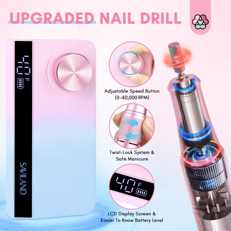 SAVILAND Portable Nail Drill Professional: 40000 RPM Upgrad E File 2024 Digital Pro Electric Cordless Fast Remover Anti-Shaking | Manicurist Nail Salon Superior Compactible for Acrylic Nails - Image 2