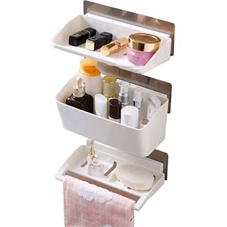 Mishrit Magic Sticker Series Self Adhesive Plastic Wall Mounted 3 Tier Bathroom Storage Organizer Shelves with Towel Rail White - Image 1