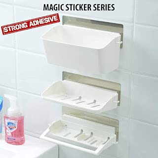 Mishrit Magic Sticker Series Self Adhesive Plastic Wall Mounted 3 Tier Bathroom Storage Organizer Shelves with Towel Rail White - Image 5