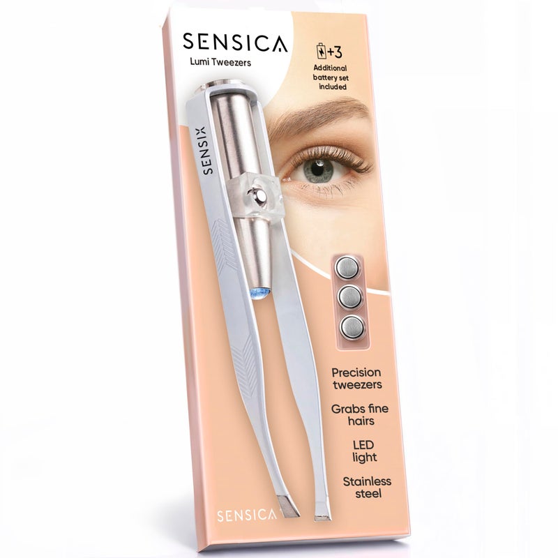 Sensica Eyebrow Tweezers with Light â€“ LED Lighted Tweezers for Women Facial Hair â€“ Precision Eyebrow Plucking Slant Tip Stainless Steel Tweezer with Long Arms & 3 Extra Batteries - Image 1