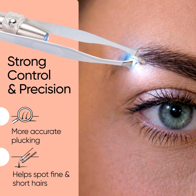Sensica Eyebrow Tweezers with Light â€“ LED Lighted Tweezers for Women Facial Hair â€“ Precision Eyebrow Plucking Slant Tip Stainless Steel Tweezer with Long Arms & 3 Extra Batteries - Image 4