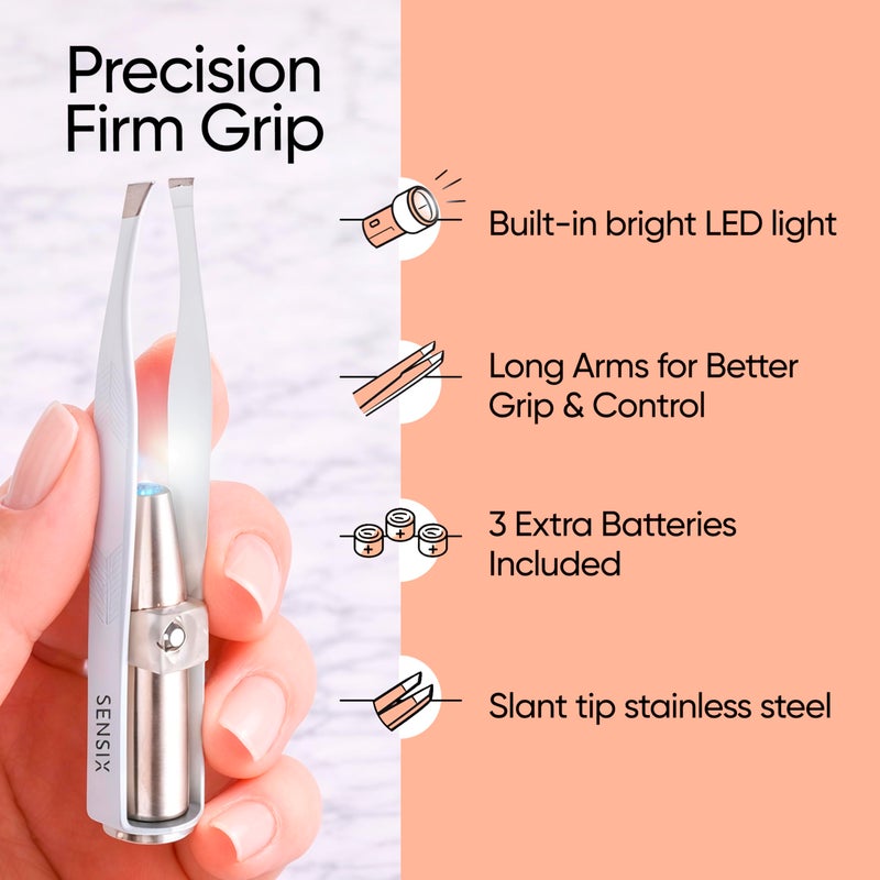 Sensica Eyebrow Tweezers with Light â€“ LED Lighted Tweezers for Women Facial Hair â€“ Precision Eyebrow Plucking Slant Tip Stainless Steel Tweezer with Long Arms & 3 Extra Batteries - Image 3