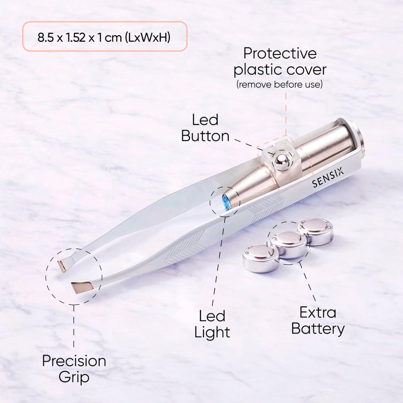 Sensica Eyebrow Tweezers with Light â€“ LED Lighted Tweezers for Women Facial Hair â€“ Precision Eyebrow Plucking Slant Tip Stainless Steel Tweezer with Long Arms & 3 Extra Batteries - Image 2
