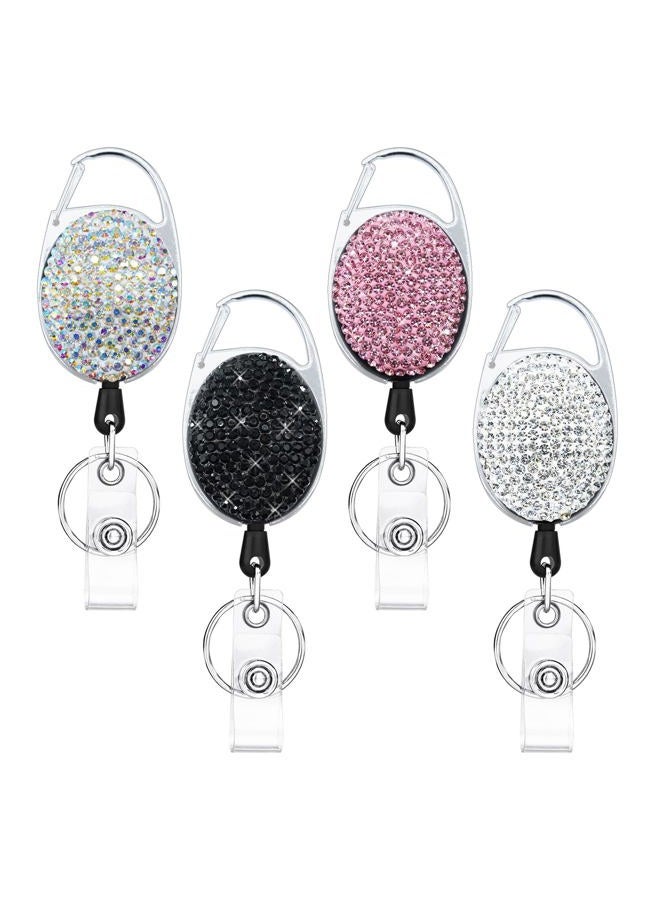 SQEYYGI 4PCS Badge Holder Retractable Clip with Bling Rhinestones Crystal, Sparkly Badge Reel with Belt Clip and Key Ring (White + Pink + AB Clour + Black) - Image 1