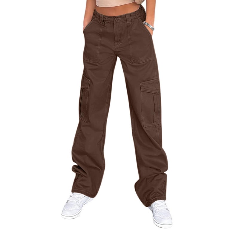 Lepunuo Women's High Waist Jogger Pants Casual Cargo Elastic Waistband Sweatpants Dark Brown - Image 1