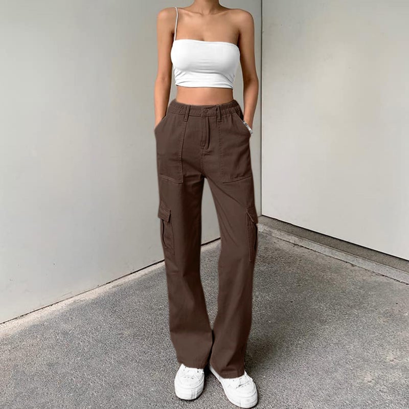Lepunuo Women's High Waist Jogger Pants Casual Cargo Elastic Waistband Sweatpants Dark Brown - Image 2