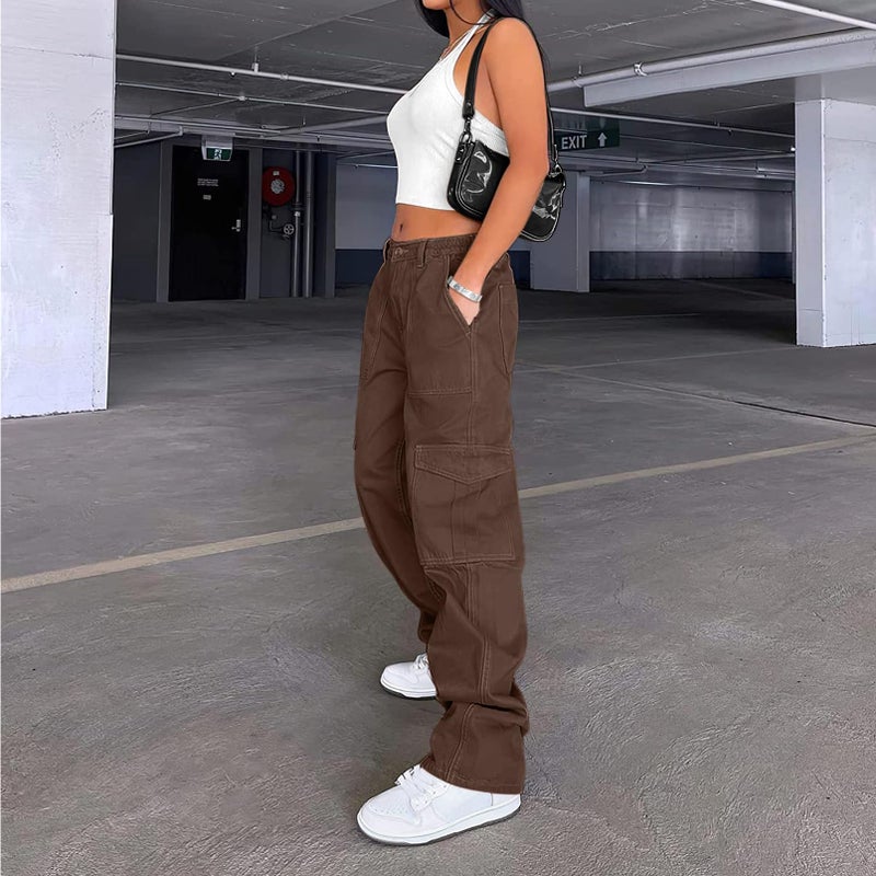 Lepunuo Women's High Waist Jogger Pants Casual Cargo Elastic Waistband Sweatpants Dark Brown - Image 3