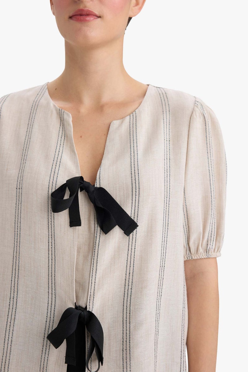 DeFacto Beige Woman Regular Fit Crew Neck Linen Blend Blouse Casual - Image 5