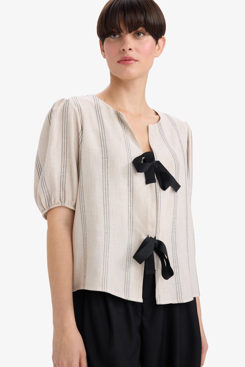 DeFacto Beige Woman Regular Fit Crew Neck Linen Blend Blouse Casual - Image 1