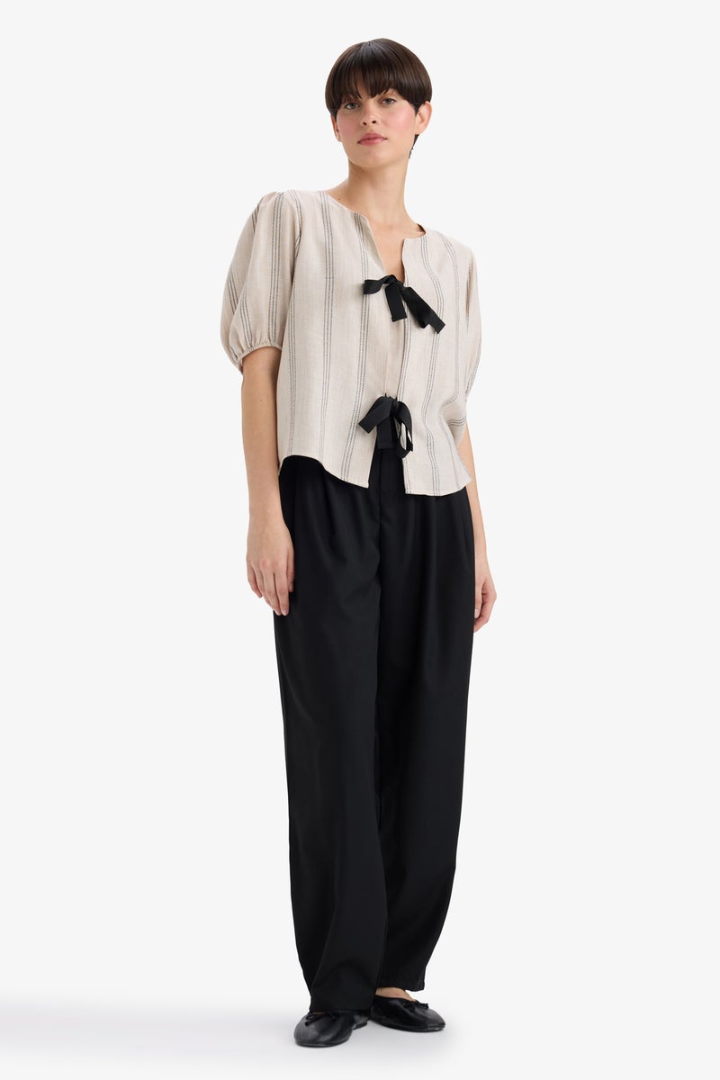 DeFacto Beige Woman Regular Fit Crew Neck Linen Blend Blouse Casual - Image 2