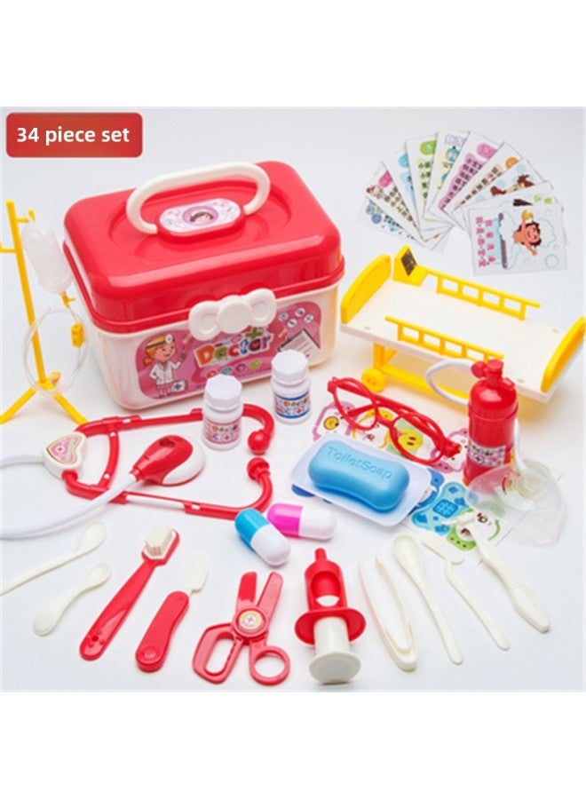 Children's Play Doctor Nurse Stethoscope Toy Set Simulation 3 To 6 Boys 7 Girls 8 Years Old Baby Puzzle-Specifications:Storage Box/bed Red 34-piece Set 【including 1 Charged】】 - Image 1