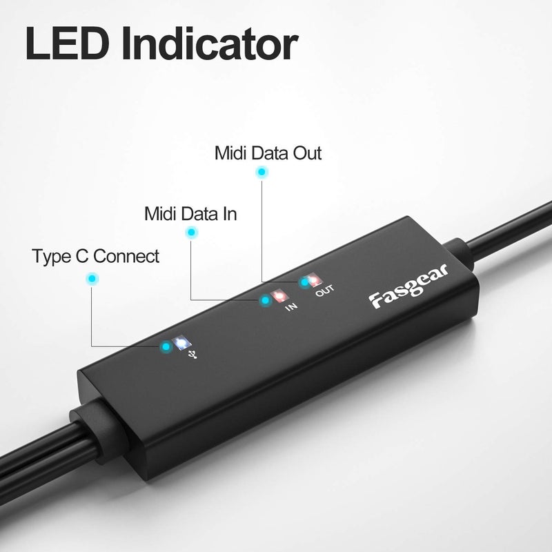 Fasgear USB C MIDI Cable with Type C to USB Adapter, 6ft Type C to in-Out MIDI Cable for Music Keyboard Piano to PC Laptop, MIDI to USB C Interface Converter for Windows, Android, Mac OS - Image 4