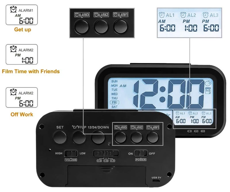 URBANFIX Bulfyss USB Rechargeable Digital Alarm Clock Date Temperature Backlight LCD Display Smart Clock with 3 Alarms Bedroom Table Desk Black - Image 5