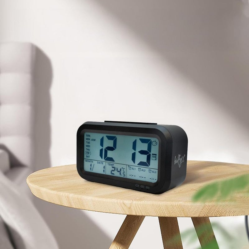 URBANFIX Bulfyss USB Rechargeable Digital Alarm Clock Date Temperature Backlight LCD Display Smart Clock with 3 Alarms Bedroom Table Desk Black - Image 2