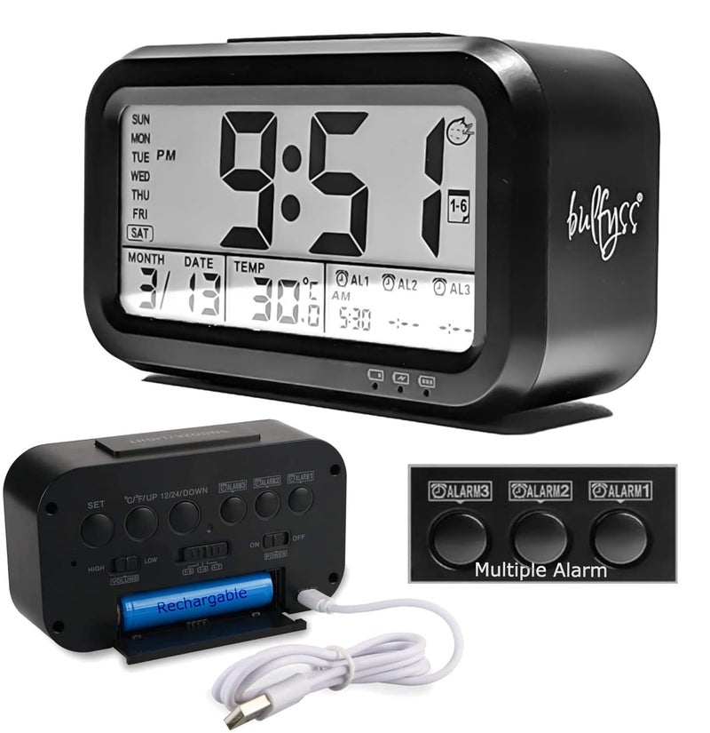 URBANFIX Bulfyss USB Rechargeable Digital Alarm Clock Date Temperature Backlight LCD Display Smart Clock with 3 Alarms Bedroom Table Desk Black - Image 1