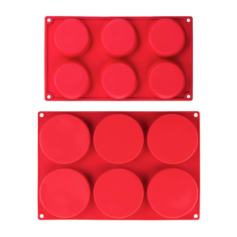 Webake Silicone Molds for 3 Inch and 4 Inch Round Disc Pan for Cake Muffin Top Bun Custard Tart Resin Coaster 6 Cavity Red Set of 2