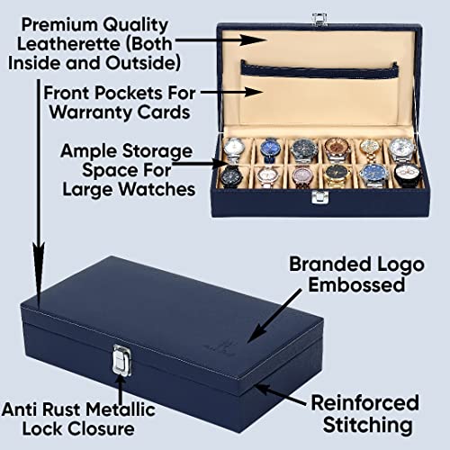 Hard Craft Watch Organiser Box Collection Case Holder | 12 Slots PU Leather Storage Box For Men Women | Removable Watch Pillows | Exquisite Look Blue - Image 4