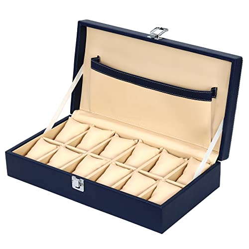 Hard Craft Watch Organiser Box Collection Case Holder | 12 Slots PU Leather Storage Box For Men Women | Removable Watch Pillows | Exquisite Look Blue - Image 1